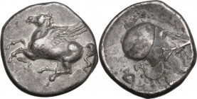 Continental Greece. Corinthia, Corinth. AR Stater, c. 345-307 BC. D/ Pegasos flying left. R/ Helmeted head of Athena right; behind, aryballos and N. P...