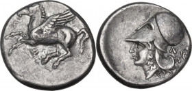 Continental Greece. Corinthia, Corinth. AR Stater, c. 345-307 BC. D/ Pegasos flying left; below, koppa. R/ Helmeted head of Athena left; behind, N and...