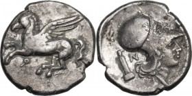 Continental Greece. Corinthia, Corinth. AR Stater, c. 345-307 BC. D/ Pegasos flying left; below, koppa. R/ Helmeted head of Athena right; behind, herm...