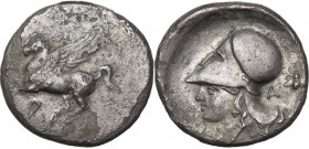 Continental Greece. Corinthia, Corinth. AR Stater, c. 345-307 BC. D/ Pegasus flying left; below, kappa. R/ Head of Athena left, wearing Corinthian hel...