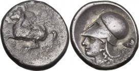 Continental Greece. Corinthia, Corinth. AR Stater, 345-307 BC. D/ Pegasus flying left. R/ Head of Athena left, wearing Corinthian helmet; behind, helm...