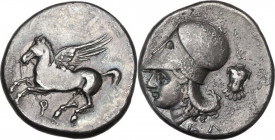 Continental Greece. Corinthia, Corinth. AR Stater, c. 345-307 BC. D/ Pegasos flying left; below, koppa. R/ Helmeted head of Athena left; behind, cuira...