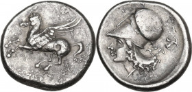 Continental Greece. Corinthia, Corinth. AR Stater, c. 345-307 BC. D/ Pegasos flying left; below, koppa. R/ Helmeted head of Athena left; behind, ΑΛ an...