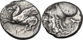 Continental Greece. Corinthia, Corinth. AR Stater, c. 350/45-285 BC. D/ Pegasos flying left, below, koppa. R/ Helmeted head of Athena left; [A-P acros...