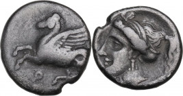 Continental Greece. Corinthia, Corinth. AR Drachm, c. 350-300 BC. D/ Pegasos flying left; below, koppa. R/ Head of Aphrodite left, hair in sphendone. ...