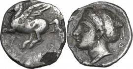 Continental Greece. Corinthia, Corinth. AR Drachm, c. 350-300 BC. D/ Pegasos flying left; below, koppa. R/ Head of Aphrodite left, hair in sakkos; sma...