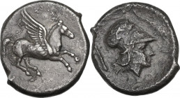 Continental Greece. Illyria, Dyrrhachium. AR Stater, after 350 BC. D/ Pegasos flying right. R/ [ΔΥΡ]. Helmeted head of Athena right; above vizor, dolp...