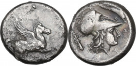Continental Greece. Illyria, Dyrrhachium. AR Stater, after 350 BC. D/ Pegasos flying right; [below, Δ]. R/ ΔΥΡ. Helmeted head of Athena right; above v...