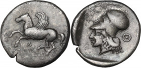 Continental Greece. Akarnania, Leukas. AR Stater, c. 450/35-380/60 BC. D/ Pegasos flying left; below, Λ. R/ Helmeted head of Athena left; above, Λ; be...