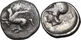 Continental Greece. Akarnania, Leukas. AR Stater, c. 400-330 BC. D/ Pegasos flying left; below, Λ. R/ Helmeted head of Athena left; [above, ΛΕΥ]; behi...