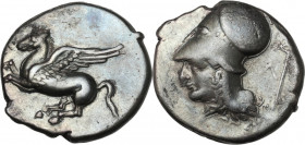 Continental Greece. Acarnania, Leukas. AR Stater, c. 350-320 BC. D/ Pegasos flying left. R/ Helmeted head of Athena left; behind, Λ and kerykeion. Peg...