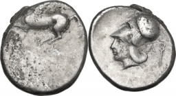 Continental Greece. Akarnania, Leukas. AR Stater, c. 350-320 BC. D/ Pegasos flying left. R/ Helmeted head of Athena left; behind, Λ and kerykeion. Peg...