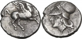 Continental Greece. Akarnania, Leukas. AR Stater, c. 350-320 BC. D/ Pegasos flying right; below, Λ. R/ Helmeted head of Athena left; behind, Λ and ker...