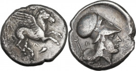 Continental Greece. Akarnania, Leukas. AR Stater, c. 350-320 BC. D/ Pegasos flying right; below, Λ. R/ Helmeted head of Athena right; behind, Λ and ke...