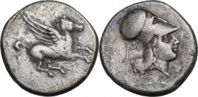 Continental Greece. Akarnania, Leukas. AR Stater, c. 350-320 BC. D/ Pegasos flying right. R/ Helmeted head of Athena right; behind, Λ and kerykeion. P...