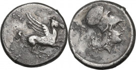 Continental Greece. Akarnania, Leukas. AR Stater, c. 350-320 BC. D/ Pegasos flying right; [below, Λ]. R/ Helmeted head of Athena right; behind, [Λ]and...