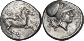 Continental Greece. Akarnania, Leukas. AR Stater, c. 350-320 BC. D/ Pegasos flying right; below, Λ. R/ Helmeted head of Athena right; behind, Λ and ke...