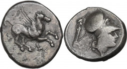 Continental Greece. Akarnania, Leukas. AR Stater, c. 320-280 BC. D/ Pegasos flying right; below, Λ. R/ Helmeted head of Athena right; behind, ityphall...