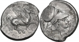 Continental Greece. Akarnania, Leukas. AR Stater, c. 320-280 BC. D/ Pegasos flying right; below, Λ. R/ Helmeted head of Athena right; behind, ithyphal...