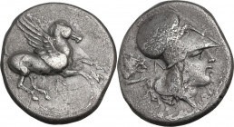 Continental Greece. Akarnania, Leukas. AR Stater, c. 400-375 BC. D/ Pegasos flying right; below, Λ. R/ Helmeted head of Athena right; behind, forepart...