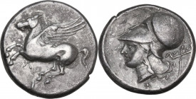 Continental Greece. Akarnania, Leukas. AR Stater, c. 320-280 BC. D/ Pegasos flying left; below, Λ. R/ Helmeted head of Athena left; behind Λ and mast ...