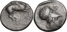 Continental Greece. Epeiros, Ambrakia. AR Stater, c. 426-404 BC. D/ Pegasos flying right. R/ Helmeted head of Athena right; behind, kerykeion; above v...