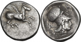 Continental Greece. Epeiros, Ambrakia. AR Stater, c. 426-404 BC. D/ Pegasos flying right. R/ Helmeted head of Athena right; behind, A; before vizor, s...