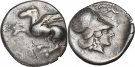 Continental Greece. Epeiros, Ambrakia. AR Stater, c. 426-404 BC. D/ Pegasos flying left. R/ Helmeted head of Athena right; behind, A; before helmet, s...