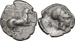 Continental Greece. Epeiros, Ambrakia. AR Stater, c. 426-404 BC. D/ Pegasos flying right; below, A. R/ Helmeted head of Athena right; behind, bee. Peg...