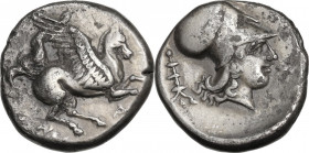 Continental Greece. Epeiros, Ambrakia. AR Stater, c. 360-338 BC. D/ Pegasos flying right; below, A. R/ Helmeted head of Athena right; behind, thymiate...