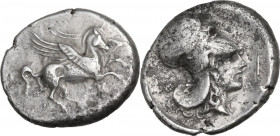 Continental Greece. Epeiros, Ambrakia. AR Stater, c. 360-338 BC. D/ Pegasos flying right; below, AM(?). R/ Helmeted head of Athena right; before, obel...