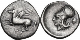 Continental Greece. Akarnania, Anactorium. AR Stater, 345-300 BC. D/ Pegasos flying left; below, AN ligate. R/ Helmeted head of Athena left; behind, p...