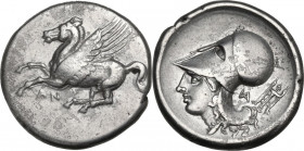 Continental Greece. Akarnania, Anactorium. AR Stater, c. 345-300 BC. D/ Pegasos flying left; below, AN. R/ Helmeted head of Athena left; behind, IA li...