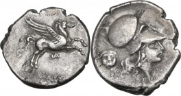 Continental Greece. Akarnania, Anactorium. AR Stater, c. 350-300 BC. D/ Pegasos flying right; below, AN (ligate). R/ Helmeted head of Athena right; be...