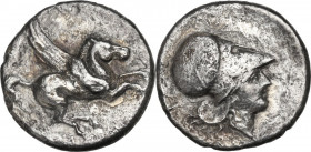 Continental Greece. Akarnania, Anactorium. AR Stater, c. 350-300 BC. D/ Pegasos flying right; [below, AN ligate]. R/ Helmeted head of Athena right; [b...