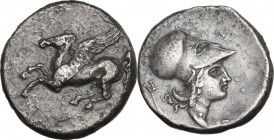 Continental Greece. Akarnania, Echinos. AR Stater, after 344 BC. D/ Pegasos flying left. R/ Helmeted head of Athena right; behind, hook and E. Pegasi ...