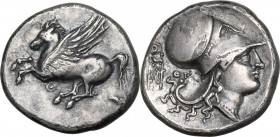 Continental Greece. Akarnania, Thyrrheion. AR Stater, c. 320-280 BC. D/ Pegasos flying left; below, Θ. R/ Helmeted head of Athena right; behind, earri...