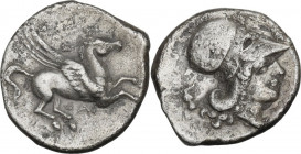 Continental Greece. Akarnania, Alyzia. Ar Stater, c. 350-250 BC. D/ Pegasos flying right; below, A. R/ Helmeted head of Athena right; [above, ΑΛΥΖΑΙΩΝ...