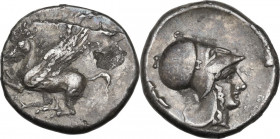Continental Greece. Uncertain mint. AR Stater, c. 4th century BC. D/ Pegasos flying left; below, koppa. R/ Helmeted head of Athena right; behind, unid...