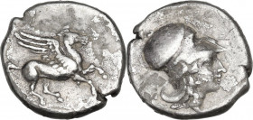 Continental Greece. Uncertain mint. AR Stater, c. 4th century BC. D/ Pegasos flying right. R/ Helmeted head of Athena right. AR. 8.34 g. 21.00 mm. Abo...