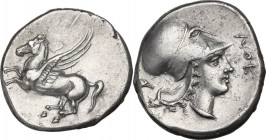 Greek Italy. Bruttium, Locri Epizephyrii. AR Stater, c. 350-300 BC. D/ Pegasos flying left. R/ Helmeted head of Athena right; behind, eagle's head; ab...