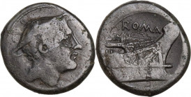 Anonymous semilibral series. AE Semuncia, 217-215 BC. Obv. Head of Mercury right, wearing winged petasus. Rev. Prow right. Cr. 38/7. AE. 5.13 g. 20.00...