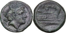 Anonymous semilibral series. AE Semuncia, c. 217-215 BC. Obv. Head of Mercury right, wearing winged petasus. Rev. Prow right. Cr. 38/7. AE. 5.91 g. 20...