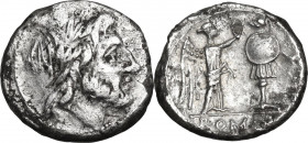 Anonymous. AR Victoriatus, 211 BC. Obv. Head of Jupiter right, laureate. Rev. Victory standing right, crowning trophy. Cr. 44/1. AR. 3.07 g. 17.00 mm....