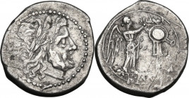 Anonymous. AR Victoriatus, after 211 BC. Obv. Laureate head of Jupiter right. Rev. Victory standing right, crowning trophy; in exergue, R•MA. Cr. 53/1...