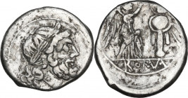 Anonymous. AR Victoriatus, after 211 BC. Obv. Head of Jupiter right, laureate. Rev. Victory standing right, crowning trophy. Cr. 53/1. AR. 2.62 g. 17....