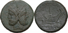 Anonymous sextantal series. AE As, after 211 BC. Obv. Head of Janus, laureate. Rev. Prow right. Cr. 56/2. AE. 51.00 g. 39.00 mm. Heavy example. Green ...