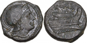 Anonymous. AE Uncia, 211 BC. Obv. Head of Roma right, helmeted. Rev. Prow right. Cr. 56/7. AE. 3.01 g. 14.00 mm. VF.