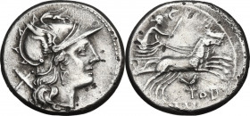 Small bird and TOD series. AR Denarius, 189-180 BC. Obv. Head of Roma right, helmeted. Rev. Luna in biga right. Cr. 141/1. AR. 3.79 g. 18.00 mm. Scarc...