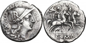 Anonymous. AR Denarius, 179-170 BC. Obv. Head of Roma right, helmeted. Rev. Dioscury galloping right. Cr. 164/1a. AR. 3.33 g. 18.00 mm. About VF.